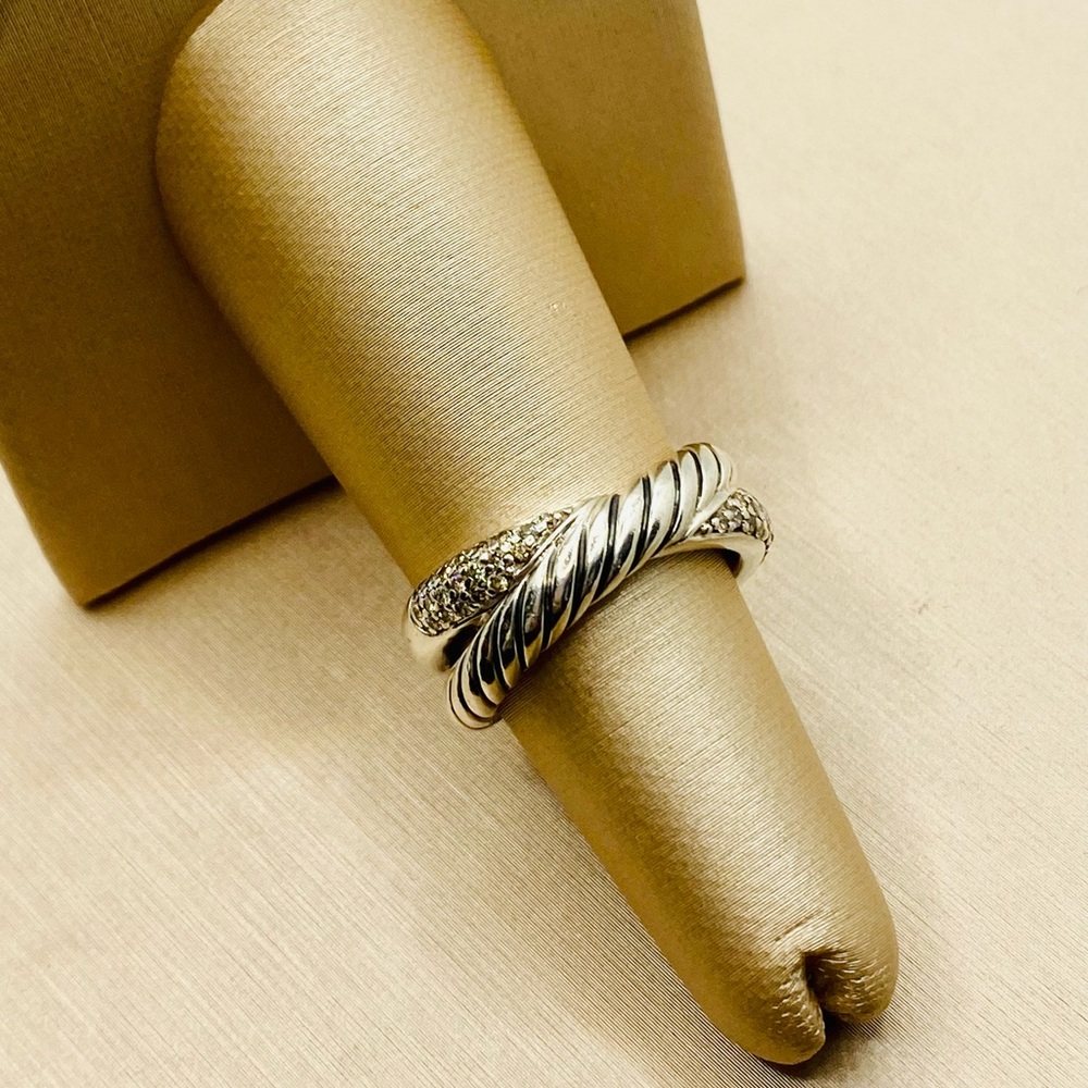 DAVID YURMAN 925 Sterling Silver Crossover Diamond Cable Sz 6